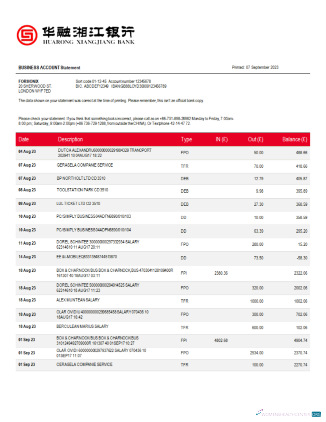 Download Huarong Xiangjiang Bank company account statement Word and PDF template Photoshop template